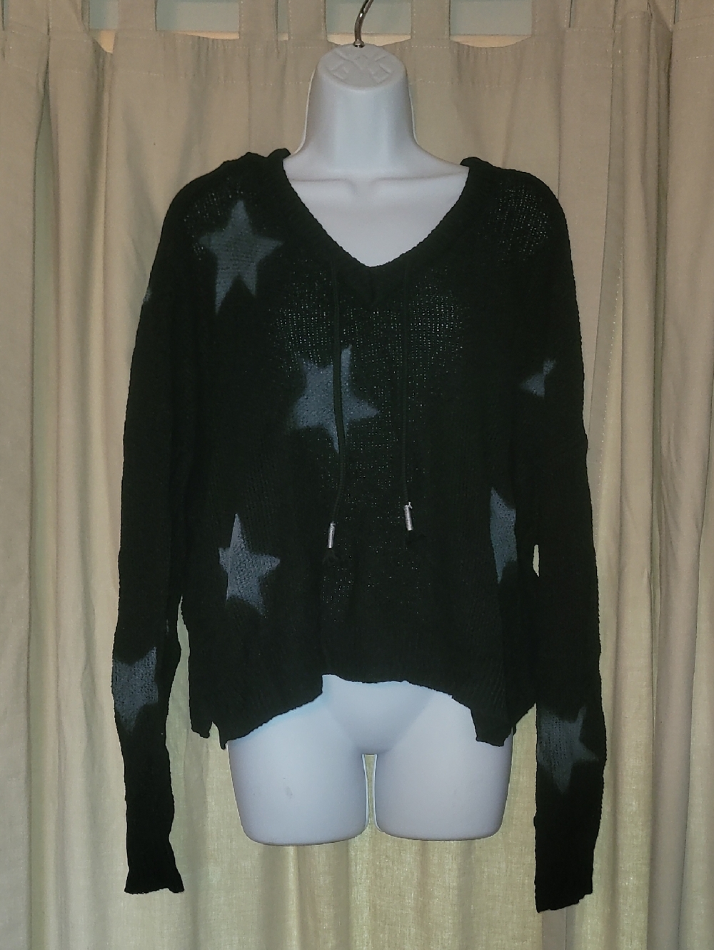 POL Black V-Neck Star Accent Hoodie  Sweater